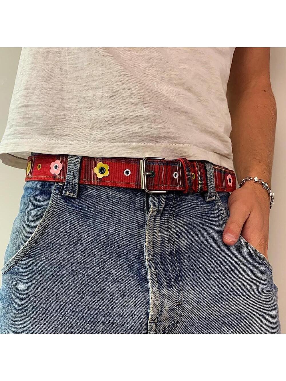 Colorful Plaid and Flower belt. Y2k style. 40 inches length - Picture 7 of 8